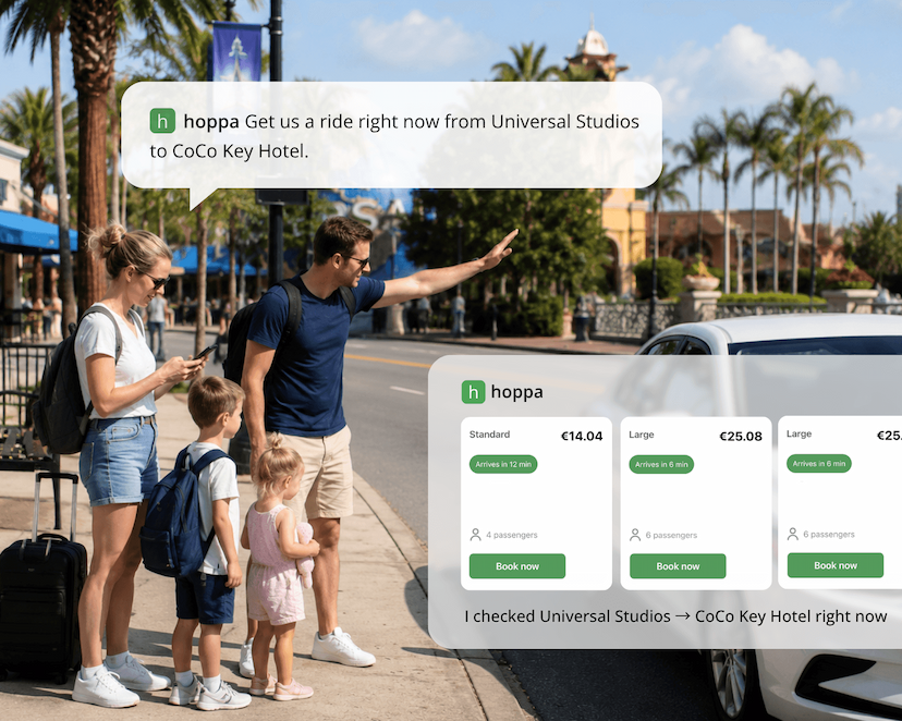 A family with luggage on a palm-lined street outside Universal Studios, one parent raising a hand to hail a car. A chat overlay shows a request for a ride to CoCo Key Hotel, and hoppa replying with a Standard option at 14.04 euros arriving in twelve minutes and Large options at 25.08 euros arriving in six.