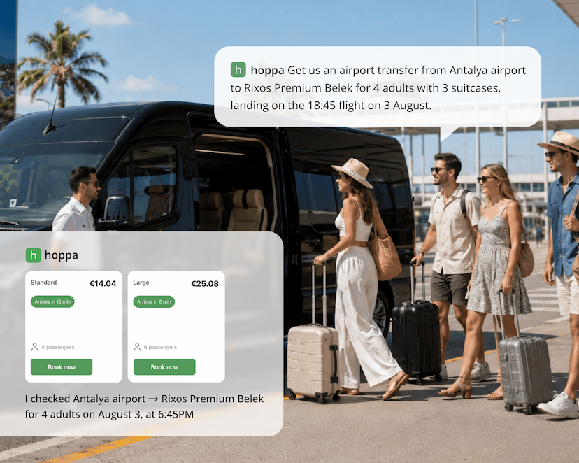 A family with suitcases meeting a driver beside a black van outside Antalya airport. A chat overlay shows a request for a transfer to Rixos Premium Belek for four adults with three suitcases, landing on the 18:45 flight, and hoppa replying with a Standard option at 14.04 euros and a Large option at 25.08 euros.