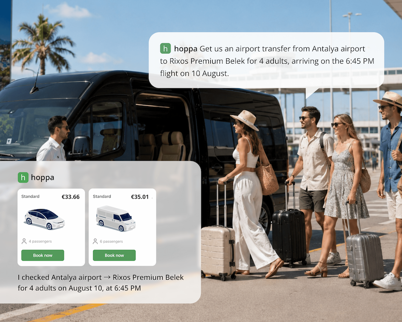 A family with suitcases meeting a driver beside a black van outside Antalya airport. A chat overlay shows a request for a transfer to Rixos Premium Belek for four adults with three suitcases, landing on the 18:45 flight, and hoppa replying with a Standard option at 14.04 euros and a Large option at 25.08 euros.