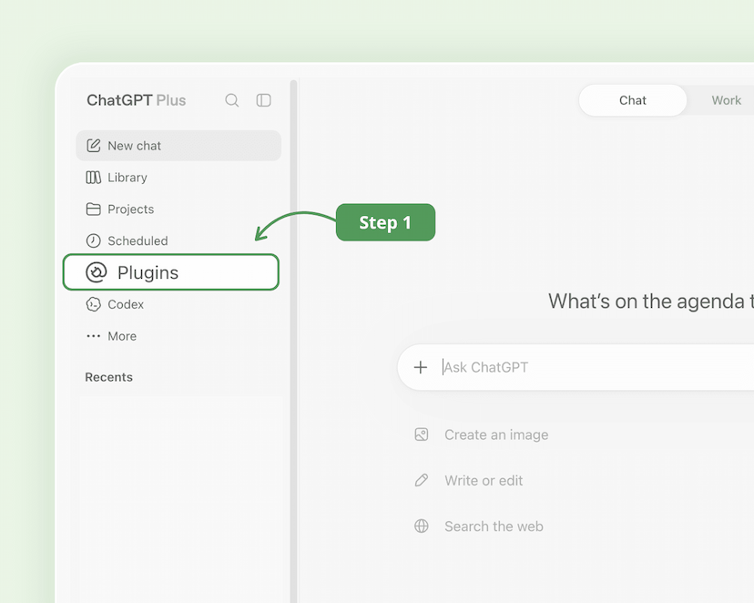 Step 1. The ChatGPT sidebar with the Plugins item highlighted.